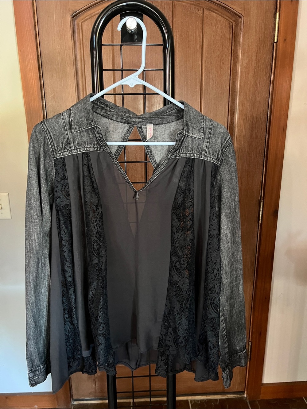 Free People Black Sheer Lace Mixed-Media Blouse